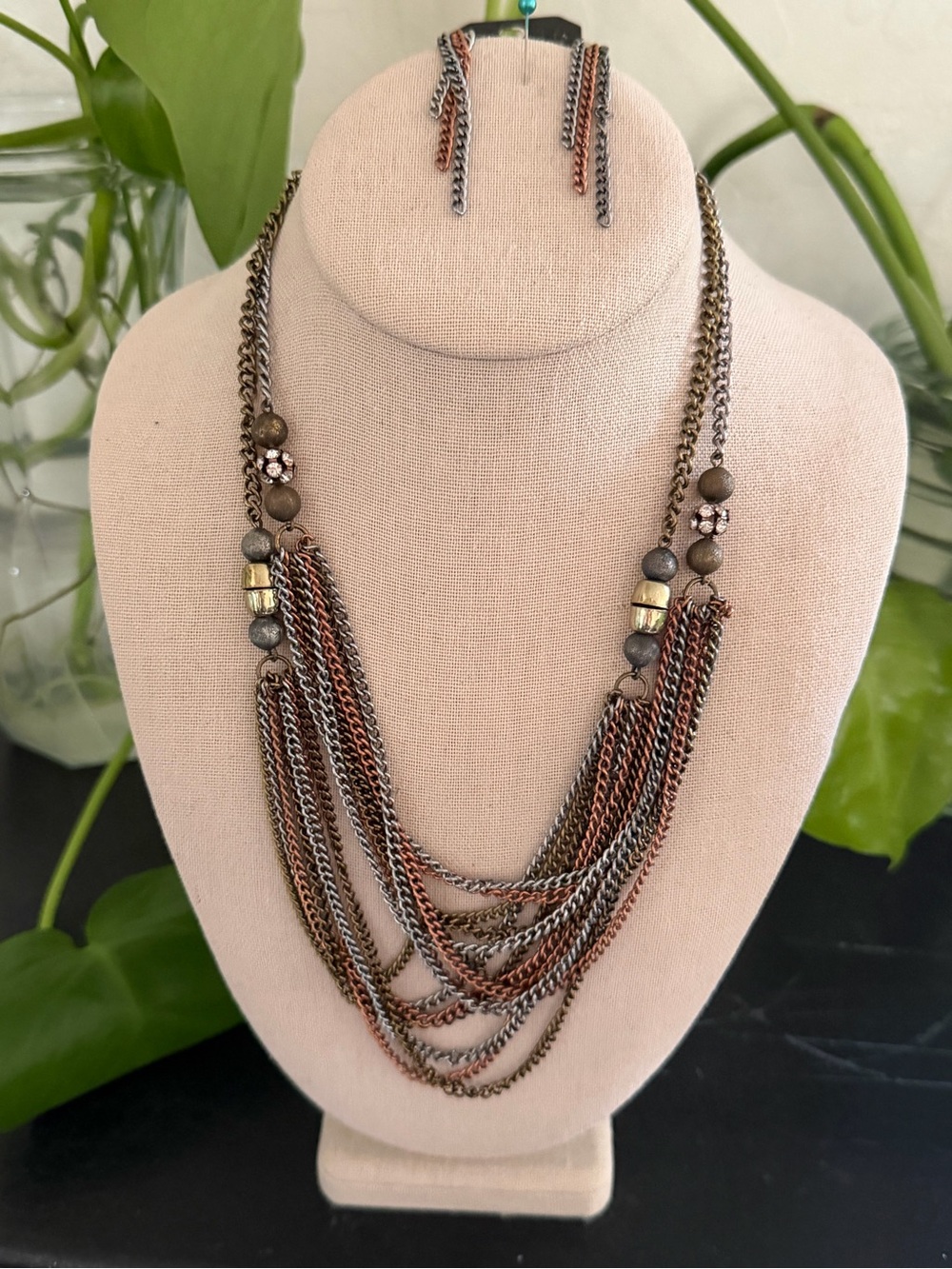 Vintage Analie Multi-Chain Copper & Gunmetal Necklace & Earrings NWT